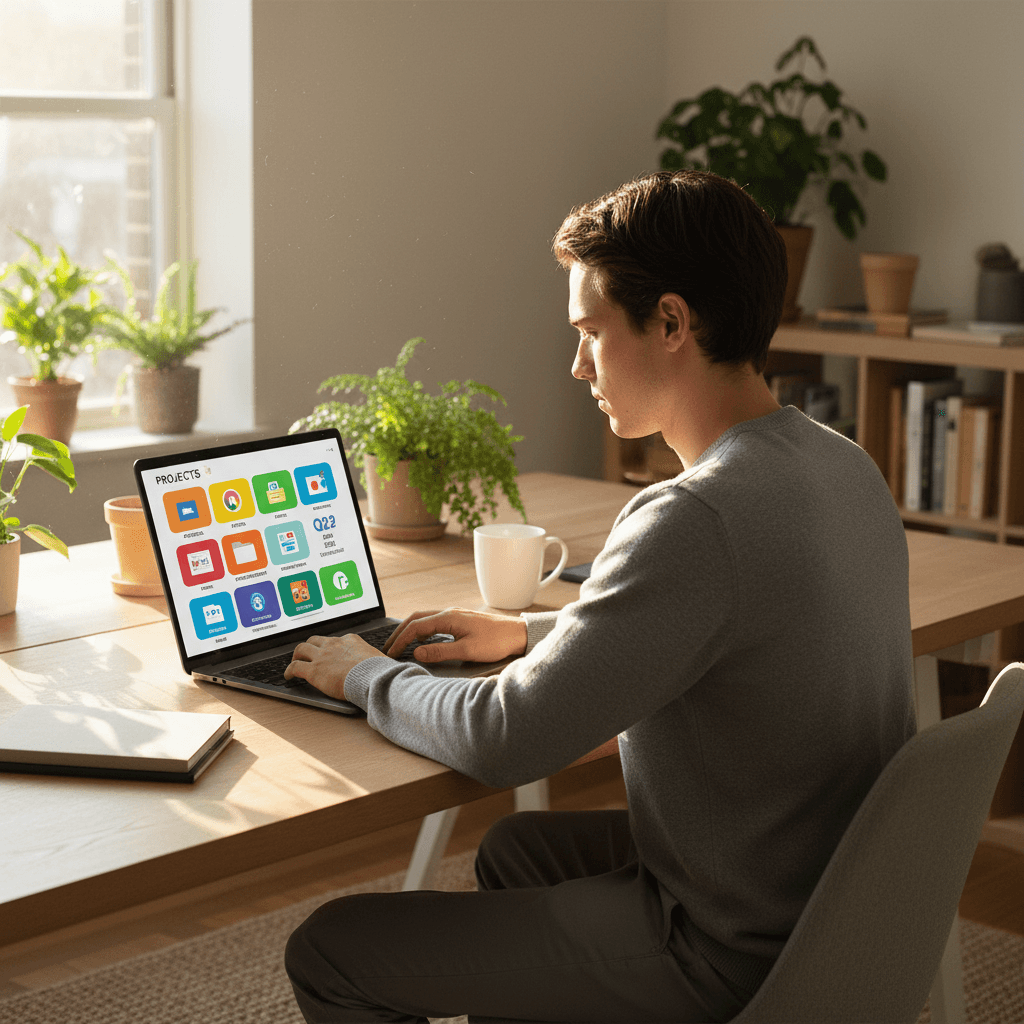 Person organizing files on a laptop in a bright home office