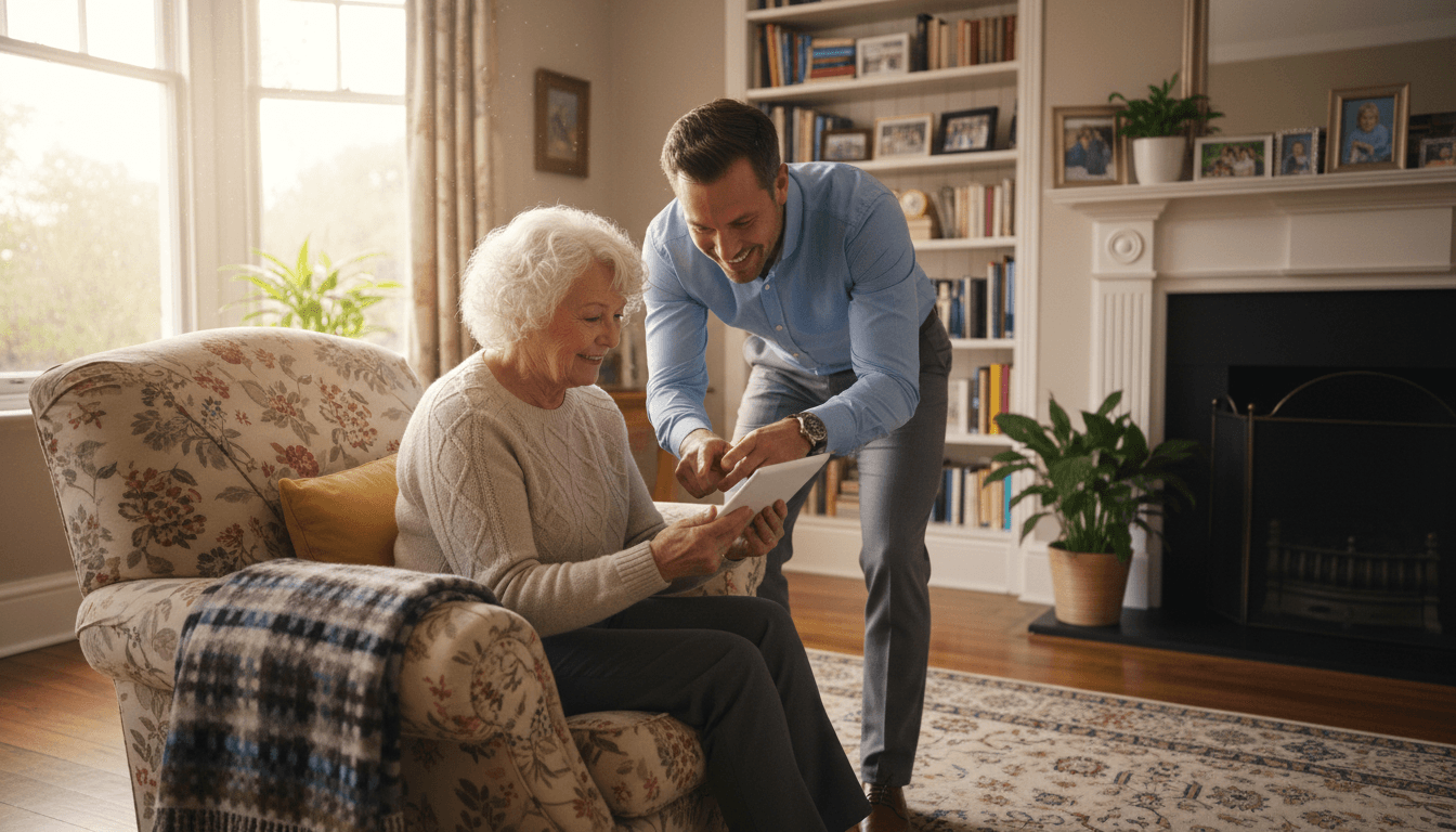 Zach showing an older woman how to use a tablet in her living room